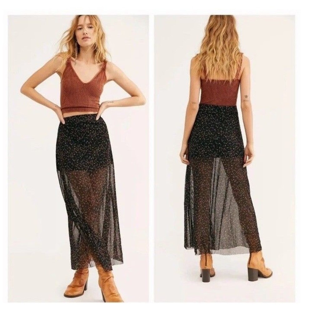 Free People Seven Wonders Maxi Floral Mesh Skirt XS Black Brown Blue Lined Boho